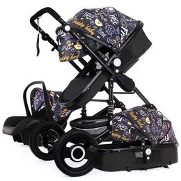 Strollers# Luxury Baby Stroller 3 in 1 Infant Stroller Set Portable Reversible High Landscape Baby Carriage Trolley Travel Pram 7GiftsL2404