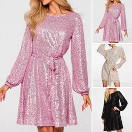 Casual Dresses Women Dress Sparkling Sequin Mini With Lace-up Detail For Shiny Round Neck Long Sleeve Tight Waist Party Soft