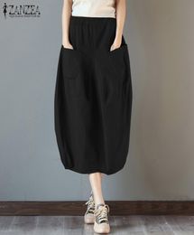 Zanzea Summer HEM مرنة 2019 نساء تنانير القطن تنانير جيوب العمل غير الرسمي MIDI SKIRT