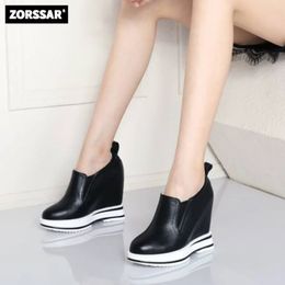 Ladies Sneakers Fashion Casual Womens Platform High Heels Wedge Heel Height Increasing Genuine Leather Vulcanised Shoes 240313
