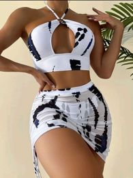 Women's Swimwear 3 Pieces Thong Bikini 2023 Women Halter Swimwear Fe Swimsuit With Skirt Beach Wear Printed Bathing Suit Summer SwimmingC24315