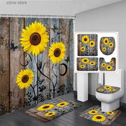 Shower Curtains Rustic Sunflower Shower Curtain Set Butterfly Vintage Wooden Board Yellow Flowers Bathroom Decor Rug Bath Mats Toilet Lid Cover Y240316