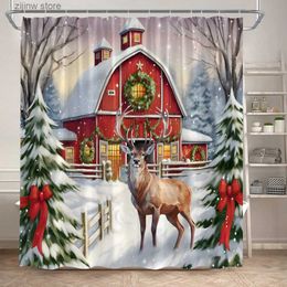 Shower Curtains Winter Christmas Shower Curtain Forest Farmhouse Elk Cedar Snowy Scene Xmas New Year Wall Hanging Bathroom Decor Cloth Curtains Y240316
