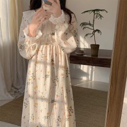 Sleepwear Long Sleeve Nightdress Women Lace Floral Printed Nightgown Japanese Style Thin Bathrobe Pamas Nightwear Lingerie Vestido Mujer