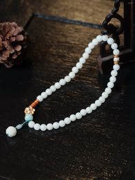 Strand Chinese Handicraft White Jade Bodhi Yellow Poplar Plum Blossom Two Circle Style Single Handstring With Round Beads