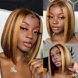 Bob Highlight Wigs 4/27 Coloured Straight Lace Human Hair For Women Brazilian Virgin Short Ombre Part