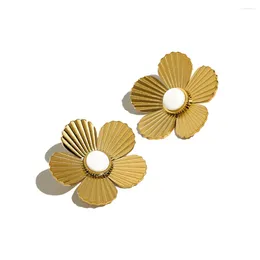 Stud Earrings WILD & FREE Vintage Flower Stainless Steel For Women White Shell Metal Stripe 18K Gold Plated Jewellery