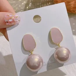 Dangle Earrings Lovelink Exaggerated Round Metal Pink Pearl Drop For Women Girl Fashion Geometric Enamel Earring Party Jewelry