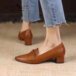 Heels EOEODOIT Casual Soft Leather Heels Shoes Office Lady Slip On Mid Heel Pointed Toe Pumps Chunky Heels Shoes