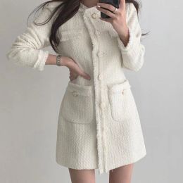 Ladies light luxury small fragrance mini fairy tweed dress round neck loose single-breasted one-piece dress long-sleeved female trend