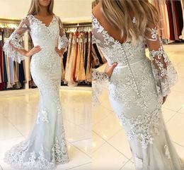 2024 Silver Lace Mermaid Prom Dresses V Neck Appliques Illusion Long Sleeves Sexy Backless Formal Dress Evening Gowns