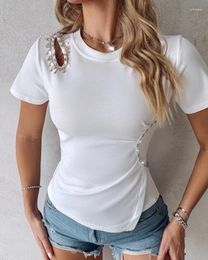 Women's T Shirts Women Fashion T-Shirt Rhinestone Decor Hollow Out Top 2024 Spring/summer Latest Round Neck Short Sleeves Skinny Versatile
