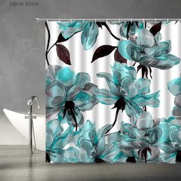 Shower Curtains Teal Flowers Shower Curtains 3D Abstract Rose Rustic Floral Watercolour Art Black Grey White Fabric Bathroom Decor Set with Hooks Y240316