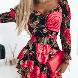 Casual Dresses Floral Print Shirred Layered Dress Women Mini Night Puff Sleeve High Waist Dance Wedding Prom Y2k Autumn Winter Vestidos