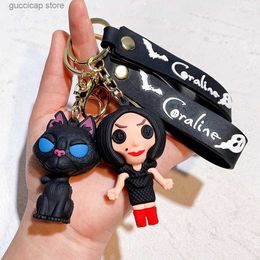 Keychains Lanyards Creative Cartoon Movie Film Action Coraline Figure Doll Model Cute Doll PVC Keyring Ornament Key Chain Pendant Kids gifts Y240316