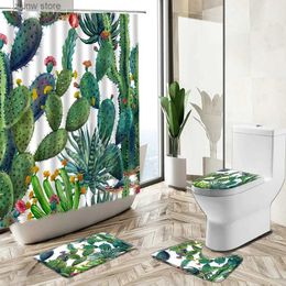 Shower Curtains Tropical Cactus Succulent Green Plant Shower Curtain Flower Leaf Watercolor Art Home Bath Mat Toilet Cover Bathroom Carpet Set Y240316