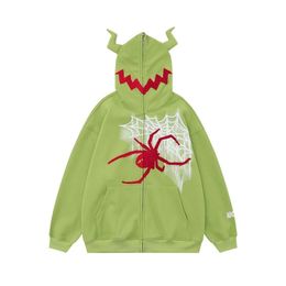 Felpa con cappuccio cardigan con corno da diavolo americano Hiphop Spider per uomo donna in autunno e inverno con interni in peluche, giacca con cappuccio dal design di nicchia