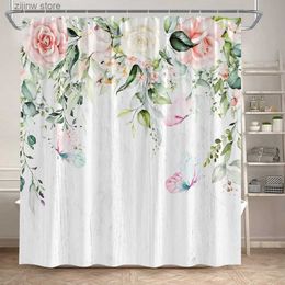 Shower Curtains Spring Floral Shower Curtains Pink Rose Flowers Butterfly Watercolour Leaves Bath Curtain Fabric Bathroom Decoration with Hooks Y240316