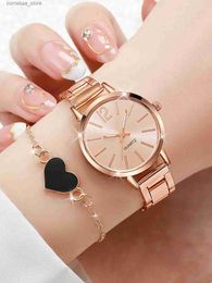 Other Watches 1 stylish and trendy womens stainless steel strap quartz with 1 love bracelet suitable for daily decoration Y240316