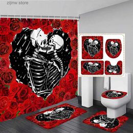 Shower Curtains Red Rose Love Skeleton Shower Curtain Set Fun Black White Skull Halloween Bathroom Decor Non Slip Rug Bath Mats Toilet Lid Cover Y240316