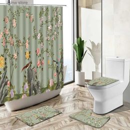 Shower Curtains Modern Chinese Floral Bird Shower Curtain Trees Branches Leaves Butterfly Pastoral Style Pedestal Rug Toilet Cover Bathroom Set Y240316