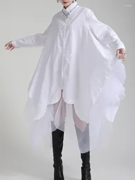 Casual Dresses White Dress Women Summer Long Sleeve Midi Ladies Sexy Irregular Shirt Female Patchwork Mesh Loose Vestidos