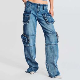 2024 New Designer Jeans Spring and Summer New Fashion Street Design Sense Pocket Splicing Work Style High Waist Straight Tube Denim Pants for Women and Men