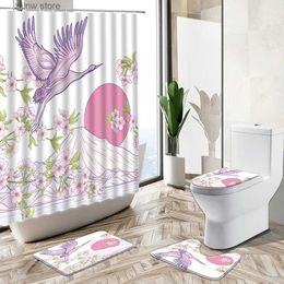 Shower Curtains Japanese Pink Cherry Blossom Shower Curtain Plant Leaves Flower Mount Fuji Scenery Pedestal Rug Toilet Cover Bathroom Deco Set Y240316
