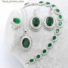 Wedding Jewelry Sets Green Jade Silver Bridal Jewelry Set Womens Wedding Clothing Necklace Set Ring Earring Pendant Q240316