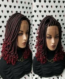 Ombre Red Short Box Braids Wig With Curly Tips Synthetic Fully Handmade Braided Lace Front Wigs For Black Women8862699