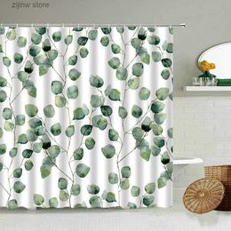 Shower Curtains Tropical Green Plant Leaf Shower Curtain Set Water Colours Art White Background Bathroom With Hook Waterproof Polyester Screen Y240316