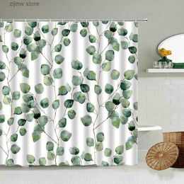 Shower Curtains Tropical Green Plant Leaf Shower Curtain Set Water Colors Art White Background Bathroom With Hook Waterproof Polyester Screen Y240316