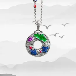 Chains 925 Thai Silver Round Enamel Colorful Hollow Out Art Necklace For Women Retro Fish Lotus Leaf Pendant Chinese Style Jewelry