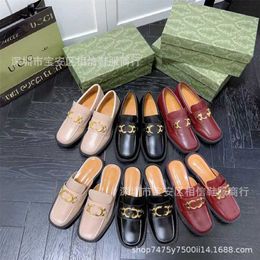 23% OFF Sports shoes 2024 G Family High Edition New Summer British Style Square Toe Lefu Half Slippers Gold Button Thick Sole Small Leather Shoes for Women