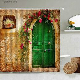 Shower Curtains Retro Country Stone Wall Wooden Door Shower Curtain European Garden Street Flower Scenery Bathroom Waterproof Curtains Home Deco Y240316