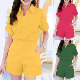 Women's Tracksuits 2024 Ladies Solid Colour Short Sleeve Button Lapel Shirt & Pocket A Shorts Summer Street Fashion Office Suit