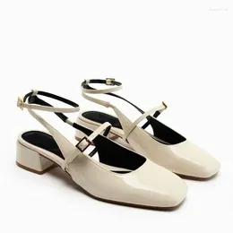 Dress Shoes Women White Leather Heels Square Heel Vintage Ankle Buckle Mary Jane 2024 Fashion Lolita Slingback