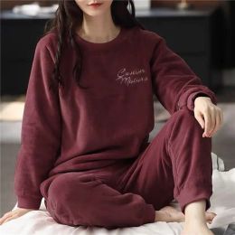 Sleepwear Women Winter Flannel Pama Set Fleece Pamas Sleepwear Homewear Thick Warm Veet Female Suit Fall Sweatshirt Ladies Pyjama