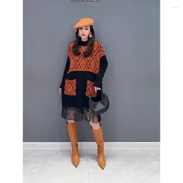 Casual Dresses SuperAen 2024 Winter Korean Style Colorblock Thickened Knitted Mid Length Top Sweater Dress