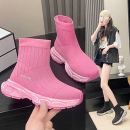 Thick Soled High Top Shoes for Women in Spring New Fly Woven Elastic Socks Boots Dad Shoes One Foot Coconut Sports