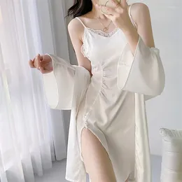 Women's Sleepwear Sexy Patchwork Lace Nightdress Bathrobe Gown Women Wedding Nighty&robe Set Summer Satin Nightgown Home Wear Loungewear