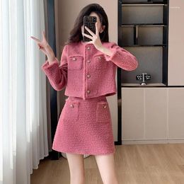 Work Dresses Women's Autumn Winter Cotton Sweet Pink Set Patchwork Furry Coat Short Skirt Two-Piece Suits