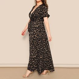 Fashion Women Sexy Summer Dress Plus Size Leopard Print VNeck Loose Belt Streetwear Short Sleeve Bandage Maxi Dresses 240311