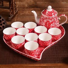 Teaware Sets High Grade Chinese Wedding Gift Bridal Supplies Red Ceramic Teacup Teapot Double-happiness Tea Pot Heart-shaped Tray Set