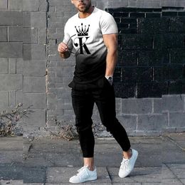 Letter King 3D Print T-Shirts Sweatpants Sets Mens Fashion Tracksuit Oversized Short Sleeve T Shirt Trousers Set Suits Clothing 240305