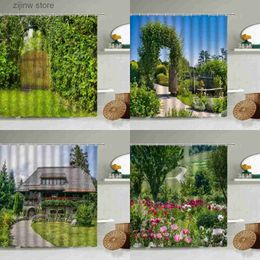 Shower Curtains Garden Park Scenery Shower Curtain Green Plants Flowers Country Wooden House Arched Door Spring Natural Scene Bathroom Screen Y240316