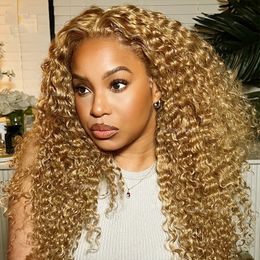 Coloured 27 Honey Blonde Water Wave Human Hair Wigs 13x4 Transparent Curly Human Hair Lace Frontal Wig Pre-Plucked Lace Front Wig