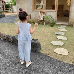 Clothing Sets Summer Girls Clothing Sets Plaid Fashion Version Personalised Top + Long Pants 2Pcs Baby Kids Children Clothes Suit