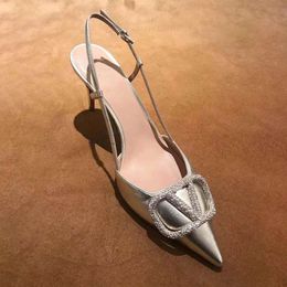 Silver high-heeled shoes summer slim heels new one line buckle fairy rhinestone pointed toe wrapped sandals for women middle heel2024