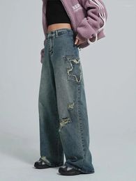 Women's Jeans Blue Star Ripped Baggy Harajuku Aesthetic Denim Trousers Y2k Wide Jean Pants Vintage 2000s Trashy Oversize Clothes